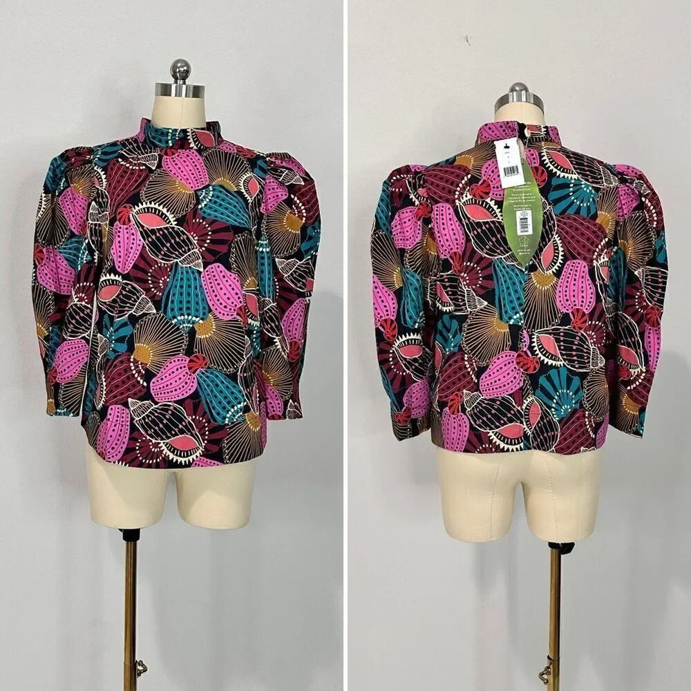 NWT Farm Rio Mock Neck Shell Print Blouse Sz M Boho Coastal Beachy Tribal Batik